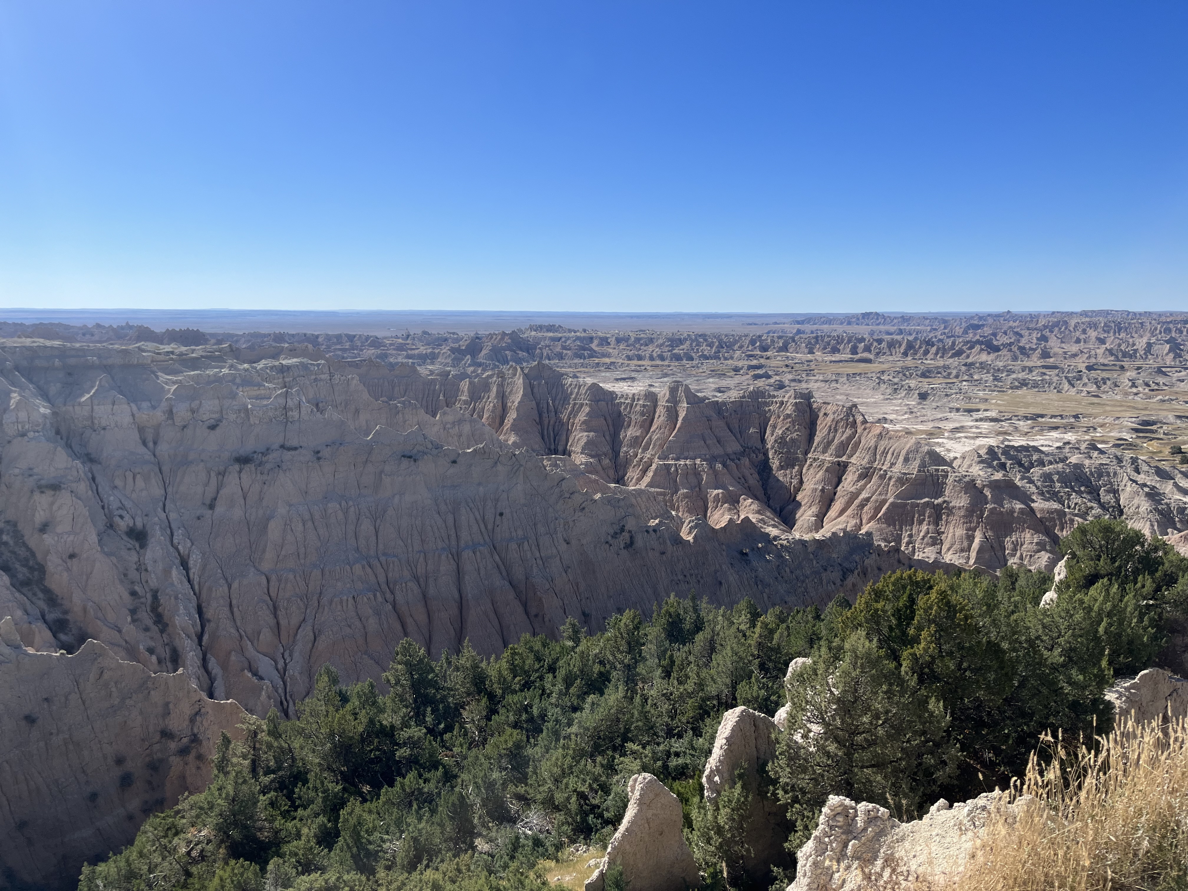 Colorfully layered and eroding rock formations in the Badlands